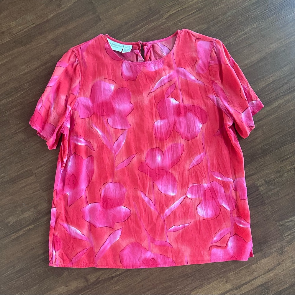 Worthington Pink Floral Blouse 100% Silk Size L